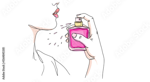 Hand spraying perfume from bottle – one line doodle drawing with watercolor fill, minimalistic vector illustration on white background
