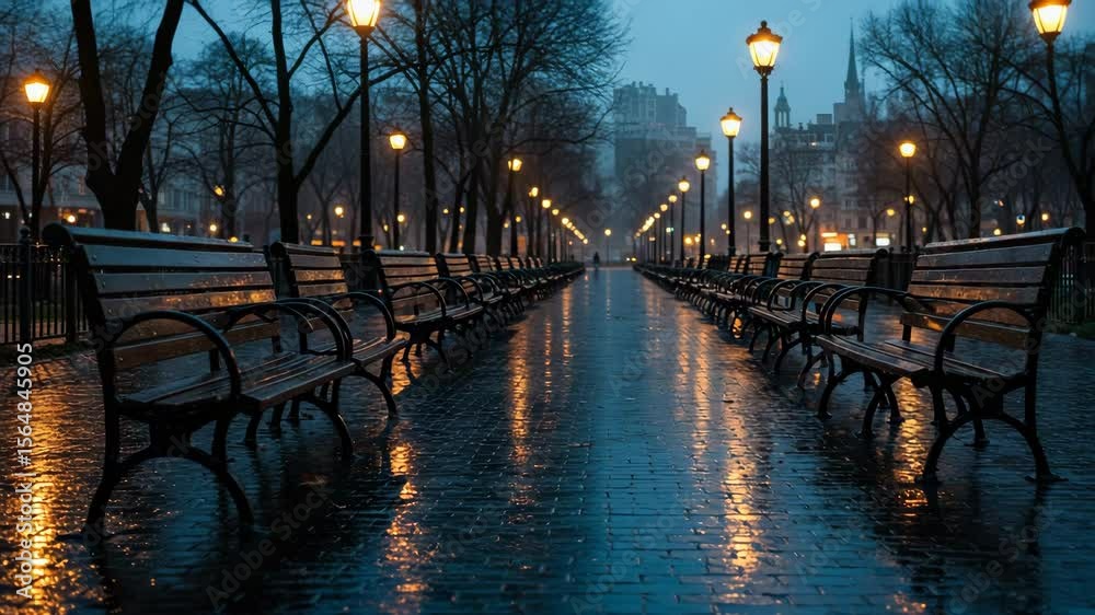  Wet city park path lined with illuminated streetlights and empty benches at dusk, reflecting light on the damp pavement, creating a quiet and atmospheric scene