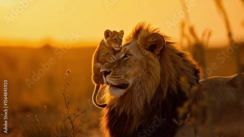 Father and Baby Lion in the Wild at Sunset
