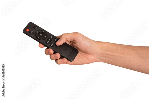 Hand holding remote control isolated on isolated on transparent PNG.