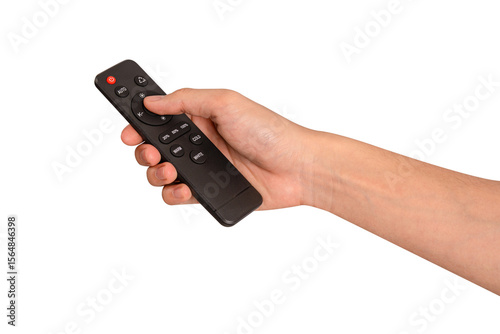 Hand holding remote control isolated on isolated on transparent PNG.