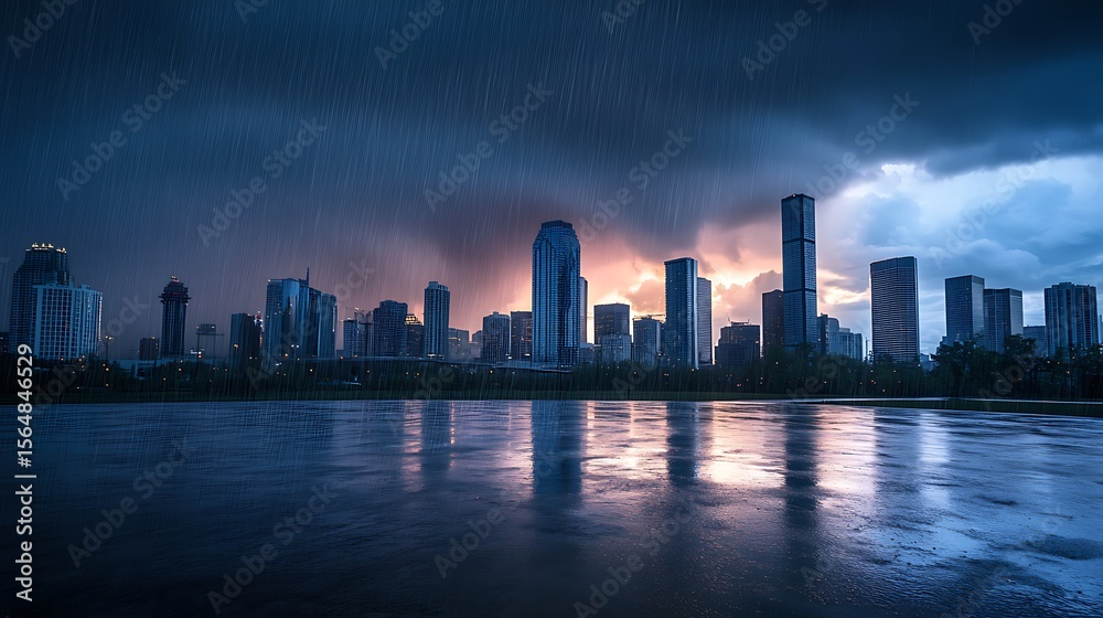 Fototapeta premium A rainstorm falling over open land, casting a dramatic and moody scene across the sky