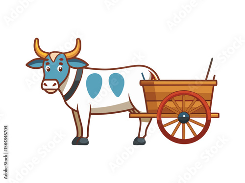 Cartoon bullock with blue spots pulling a wooden cart with red wheels on white background
