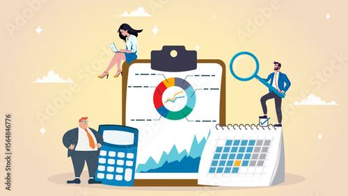 Accounting or budget planning, financial report calculation, expense analysis, tax report document, statistic chart and graph concept, businessman with calculator on accounting analysis clipboard.