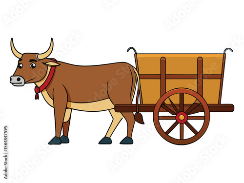 Cartoon brown ox with horns wearing a red collar pulling a wooden cart on white background
