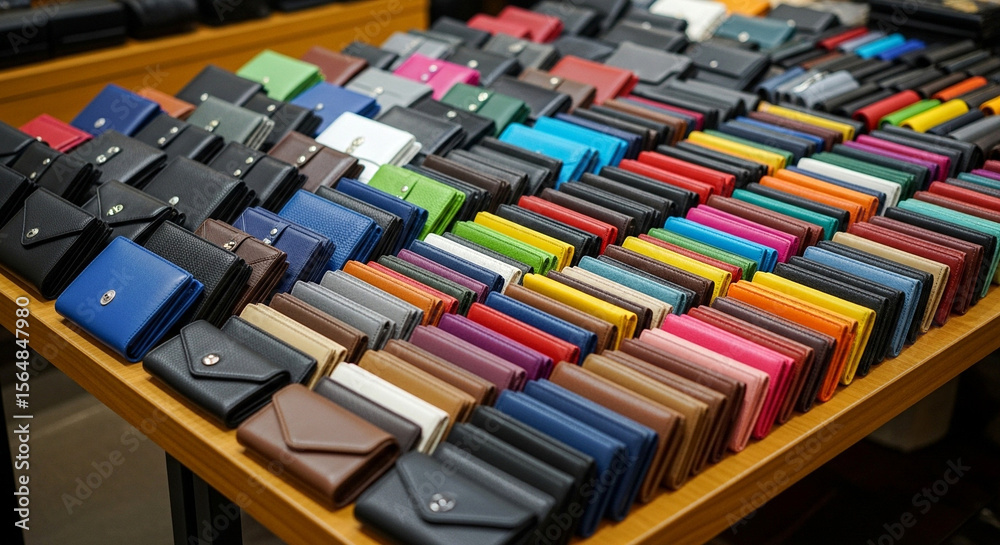 Obraz premium Colorful Collection of Leather Wallets Displayed on Wooden Table