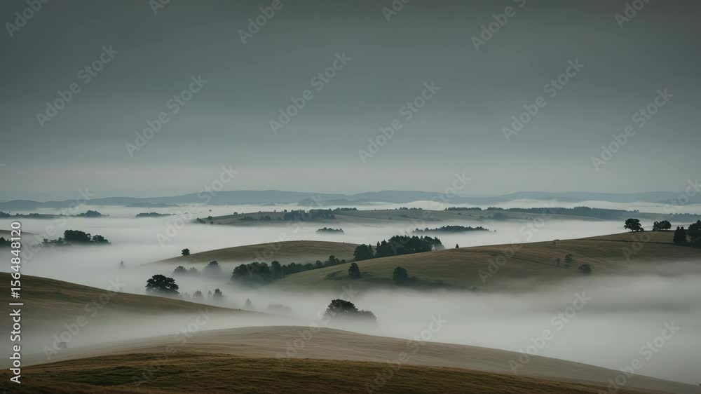 Majestic rolling hills blanketed in thick fog under a dramatic sky, evoking a serene and mystical natural landscape Majestic rolling hills blanketed in thick fog under a dramatic sky, evoking a serene and mystical natural landscape