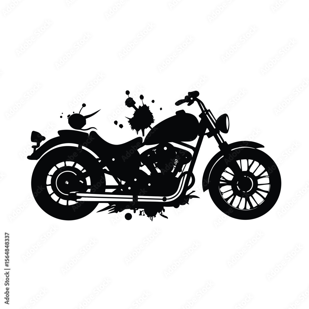 Fototapeta premium Classic motorcycle with paint splatter black silhouette vector illustration