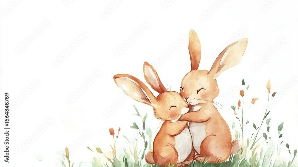 Fototapeta premium Two adorable rabbits embracing in a field