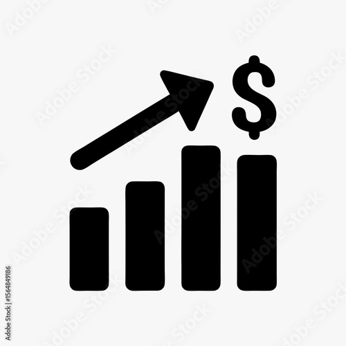 Rising bar chart with arrow and dollar symbol representing financial growth and profit increase, black icon on white background
