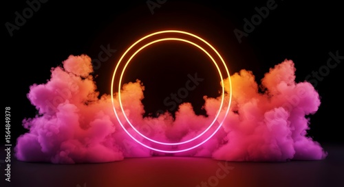 3 d render, abstract cloud illuminated with neon light ring on dark night sky. Glowing geometric shape, round frame Glowing, neon, vibrant, abstract, mystical, ethereal, futuristic, colorful, smoky, r
