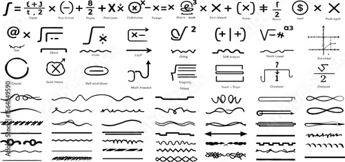 Mathematical symbol collection, including integrals, summation, square roots, and various calculus notations with stylish decorative underlines, lines, swirl borders, and brush stroke dividers