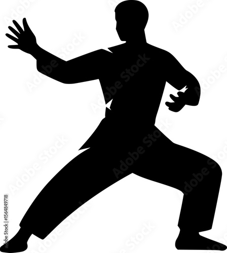 Black silhouette of a person performing silat move, minimalist style
