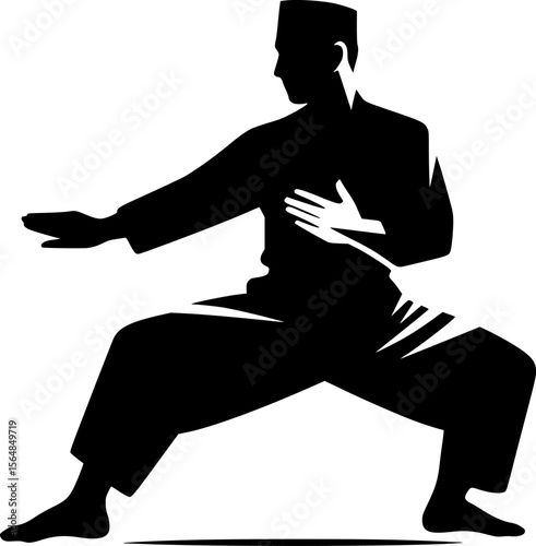 Black silhouette of a person performing silat move, minimalist style
