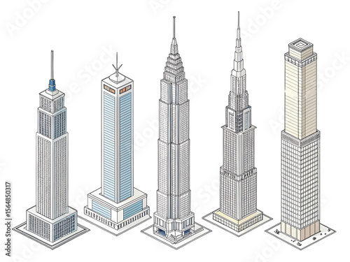 Isometric Skyscraper Silhouette Set, Vector Icon Collection of Tall City Buildings and Towers