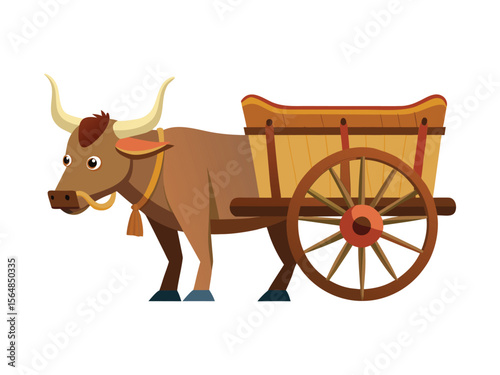 Cartoon bull with horns pulling a wooden cart with large wheels and a bell
