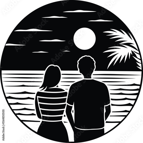 Couple watching Sunset at beach silhouette 