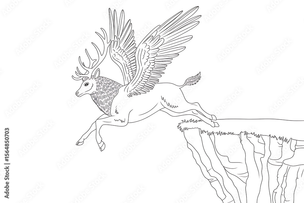 Fototapeta premium Winged deer leaps from cliff, a mythical creature. 