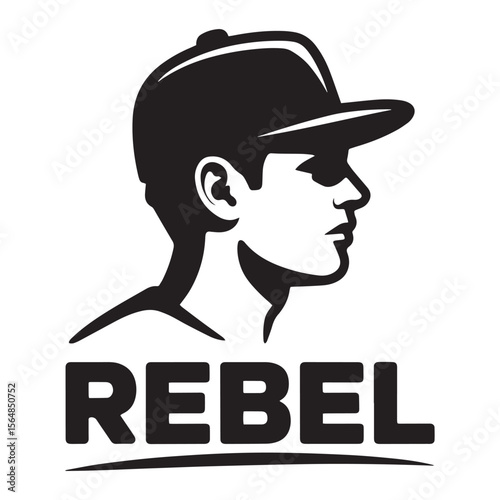 Silhouette rebel boy in cap with “REBEL” text, representing attitude and independence Vector illustration.