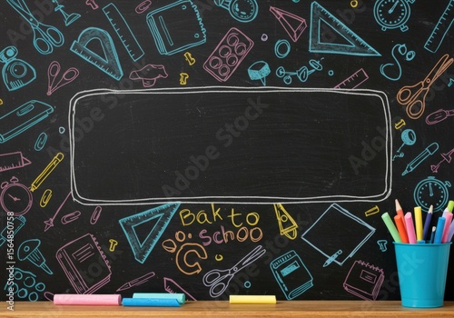 Back to school concept with school supplies, books, and chalkboard background. Education-themed flat lay for new academic year and learning inspiration.
