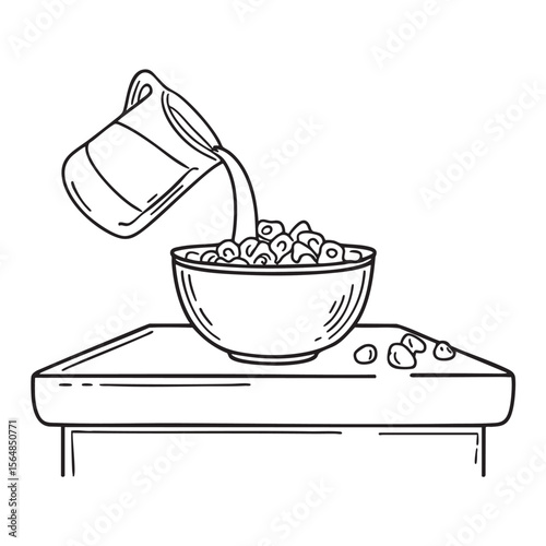 A breakfast counter with an overturned bowl of cereal