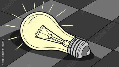 Vector Glowing lightbulb with yellow light inside sits on dark surface, radiating warmth and creativity