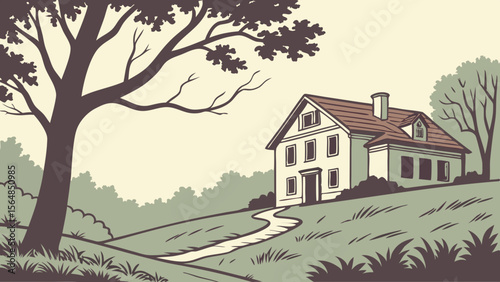 Vector Serene landscape featuring vintage house surrounded by trees and winding path, evoking sense