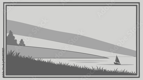 Vector Grayscale image depicts serene landscape with hills, trees, and sailboat on water