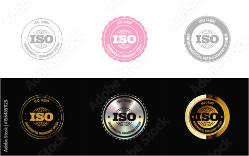 Environmental Management System ISO 14001. ISO standard certificate, logo, seal, icon, stamp, badge vector.