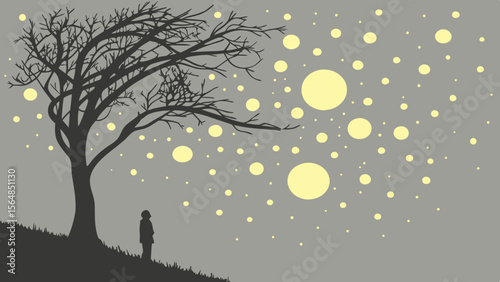 Vector Silhouette of person stands beneath bare tree against grey background, surrounded by glowing