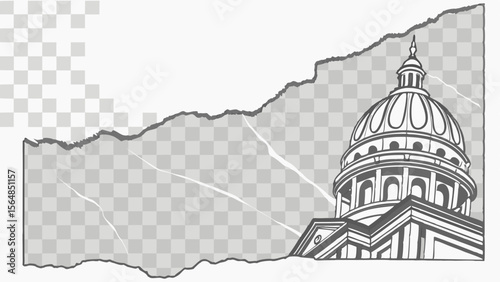 Vector Torn piece of paper features detailed illustration of dome structure, showcasing architectural