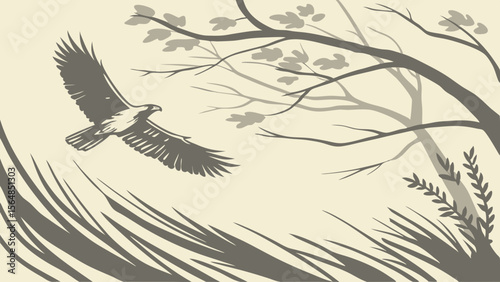 Vector Serene illustration depicts bird soaring gracefully above tree, showcasing nature beauty