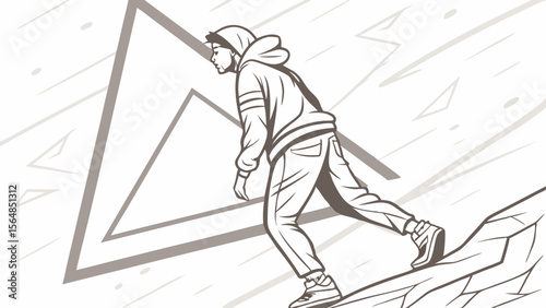 Vector Person climbs rocky surface, wearing hoodie and casual pants, with large abstract triangle