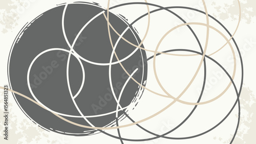 Vector Abstract painting features large grey circle with intersecting lines and curves, creating