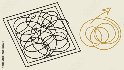 Vector Abstract design features chaotic black line pattern within square, symbolizing complexity