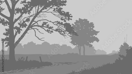 Vector Serene monochromatic landscape featuring trees and winding path, evoking calm atmosphere