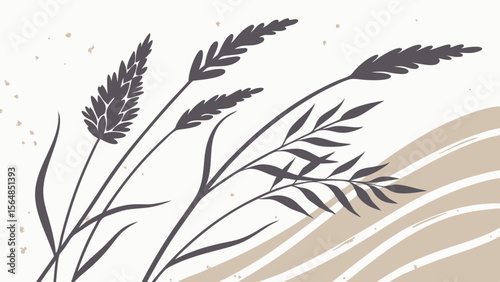 Vector Elegant botanical illustration features delicate grasses and leaves muted tones, evoking