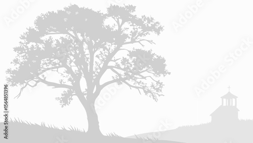 Vector Misty Mysterious Serene grayscale image of fog, large tree and distant church, creating tranquil atmosphere
