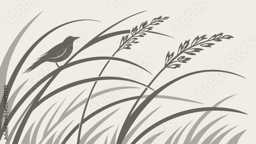 Vector Minimalist illustration of bird perched on tall grass, creating serene atmosphere