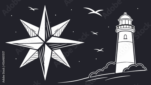 Vector Bright white starburst shines against transparency background with lighthouse and birds