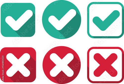 Set of checkmark and cross icon symbols in flat and outline vector styles