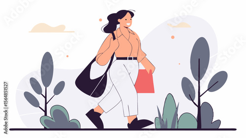 Vector Eco-friendly Recycling, Sustainable Environment Concept, Cheerful woman walks confidently with bag and folder, surrounded by greenery
