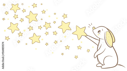 Vector Cute rabbit reaches for yellow stars, creating whimsical scene filled with magic and wonder