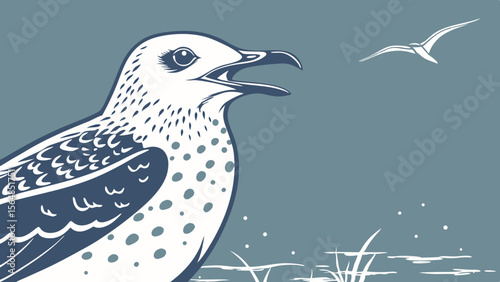 Vector Digitally painted image of bird with blue background, expressing sense of freedom and nature