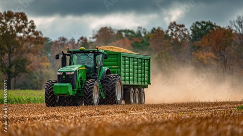 Agricultural scene featuring a green tractor pulling a trailer through a field