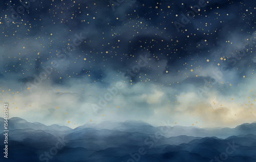 Watercolor Night Sky Vector Illustration. Vast night sky overflowing with stars. The background is a deep, inky blue with washes of purple and black. The stars are in a variety of sizes and shapes