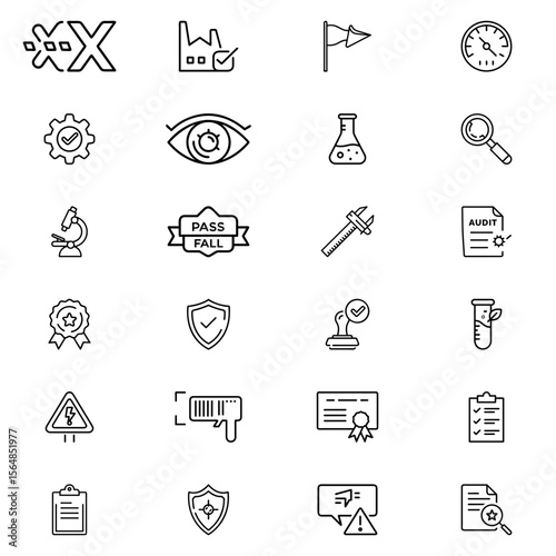 Collection of various quality control and assurance icons displayed in a grid like arrangement here