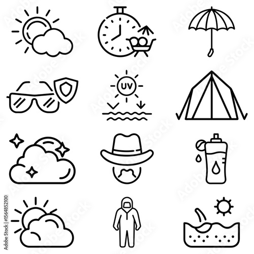 Illustration of sun with clouds, umbrella, tent, hat, sunglasses, uv rays, and other summer elements