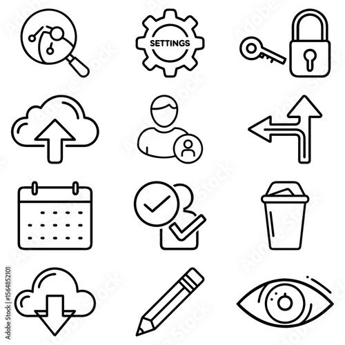 Collection of interface icons including settings, cloud, user, security, calendar, and other symbols