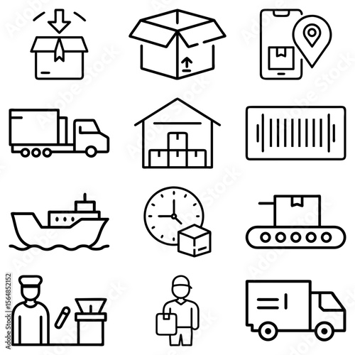 Illustration showing various logistics and shipping icons including trucks, boxes, and delivery persons